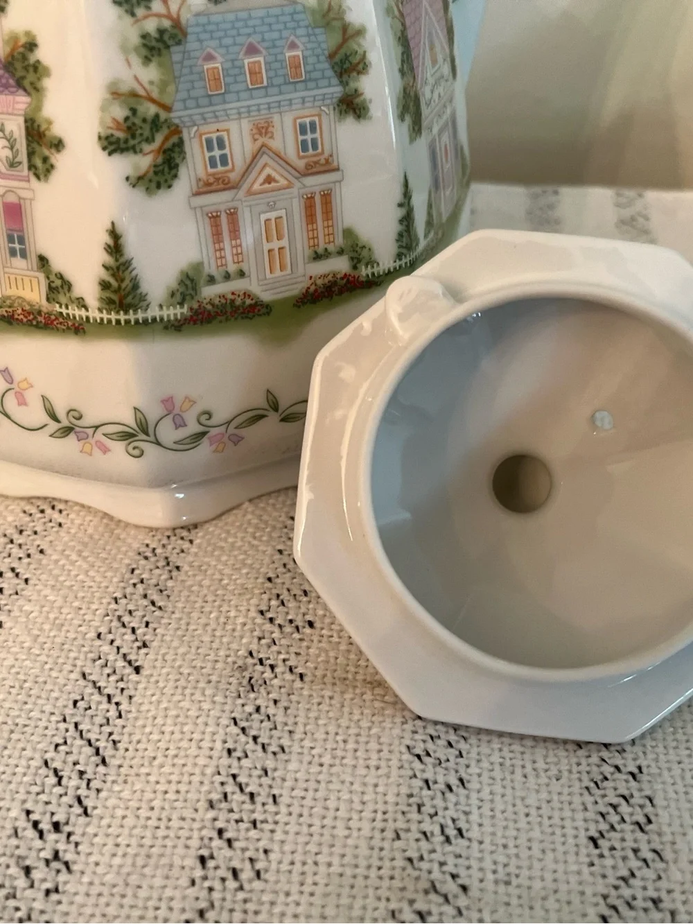LENOX Porcelain Coffee Pot with Pastel Cottage Pattern - Vintage 1990s